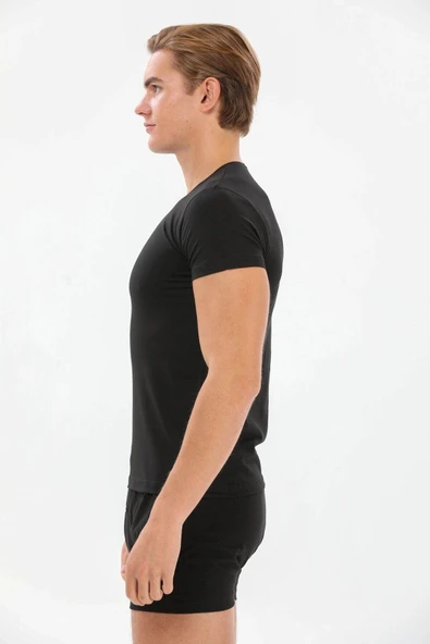 Yıldız 91 Erkek 0 Yaka Pamuklu Terletmez Siyah Likralı Kısa Kollu T-shirt - Resim 5