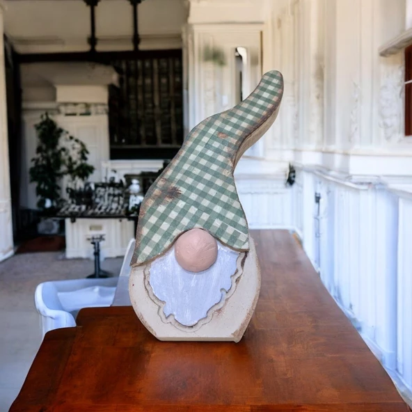 Gnome, Burnuk, Sakallı Kafadar Yeşil Pötikare Ahşap Dekor - 2