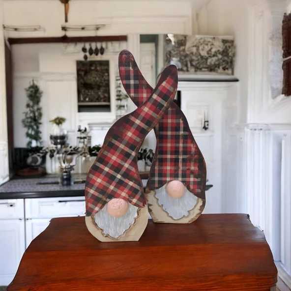 Gnome, Burnuk, Sakallı Kafadar Ekoseli Ahşap Dekor