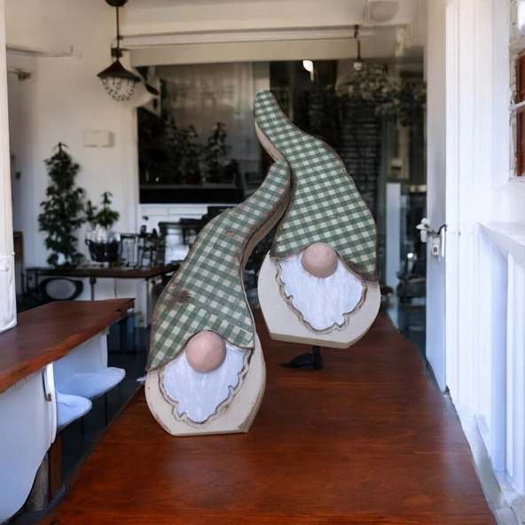 Gnome, Burnuk, Sakallı Kafadar Yeşil Pötikare Ahşap Dekor - 4