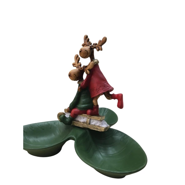 2'li Çift Kırmızı Yeşil Geyik Tabaklı Sunum,Çerezlik - Kahvaltı - Kahve - Meyve Sunum Tabağı - 6