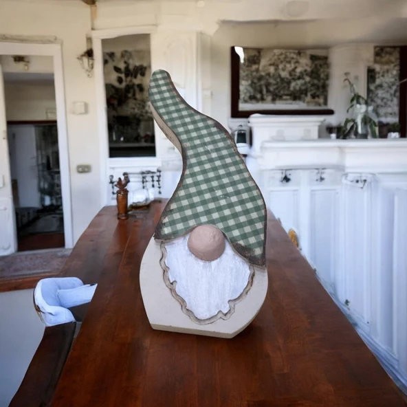 Gnome, Burnuk, Sakallı Kafadar Yeşil Pötikare Ahşap Dekor - 3