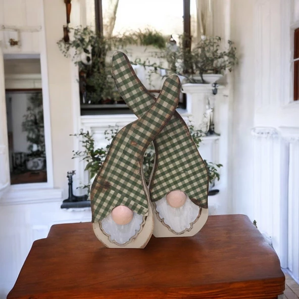 Gnome, Burnuk, Sakallı Kafadar Yeşil Pötikare Ahşap Dekor