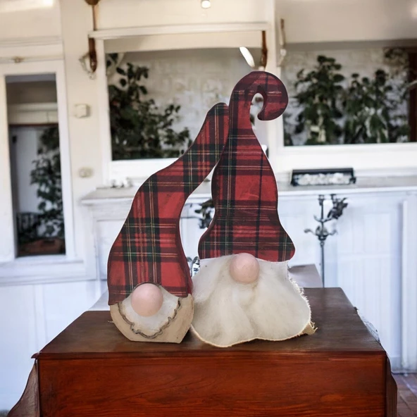 Gnome, Burnuk, Sakallı Kafadar Ekoseli Ahşap Dekor