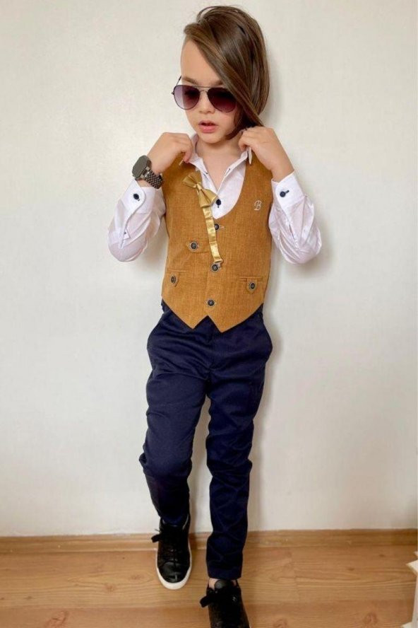 Erkek Çocuk Papyonlu Yelekli Hardal Takım Elbise