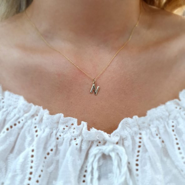 14 Ayar Altın N Harfli Kolye - Resim 4