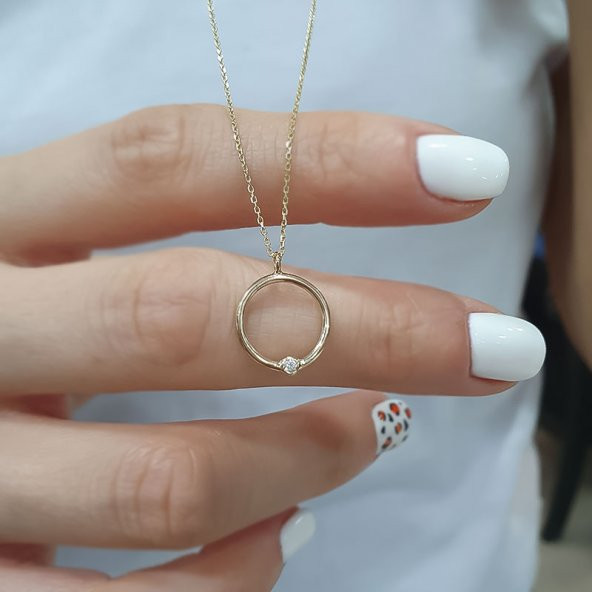 14 Ayar Sarı Altın Tektaş Halka Kolye - Resim 2