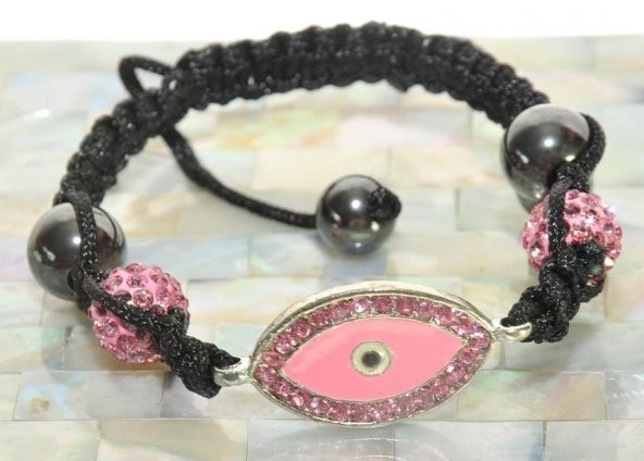 Swarovski Taşlı Şambala Nazar Göz Örgü İp Pembe Bileklik - 3