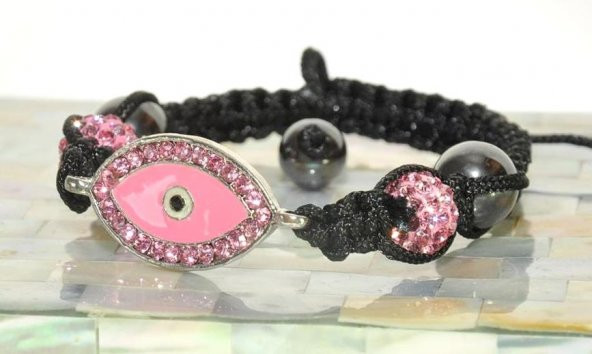 Swarovski Taşlı Şambala Nazar Göz Örgü İp Pembe Bileklik - 4