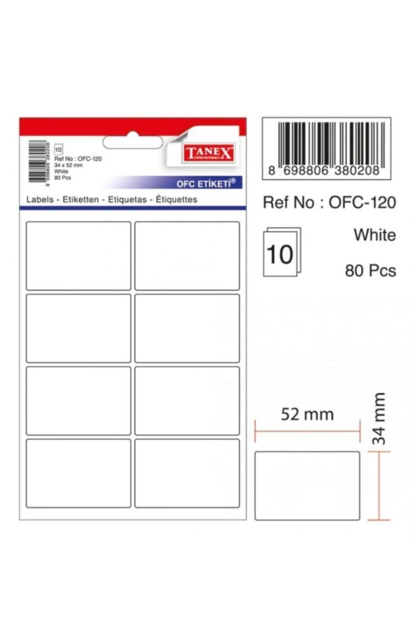 Tanex Ofis Etiketİ Poşetli 34x55 MM Beyaz (10 Lu Paket)