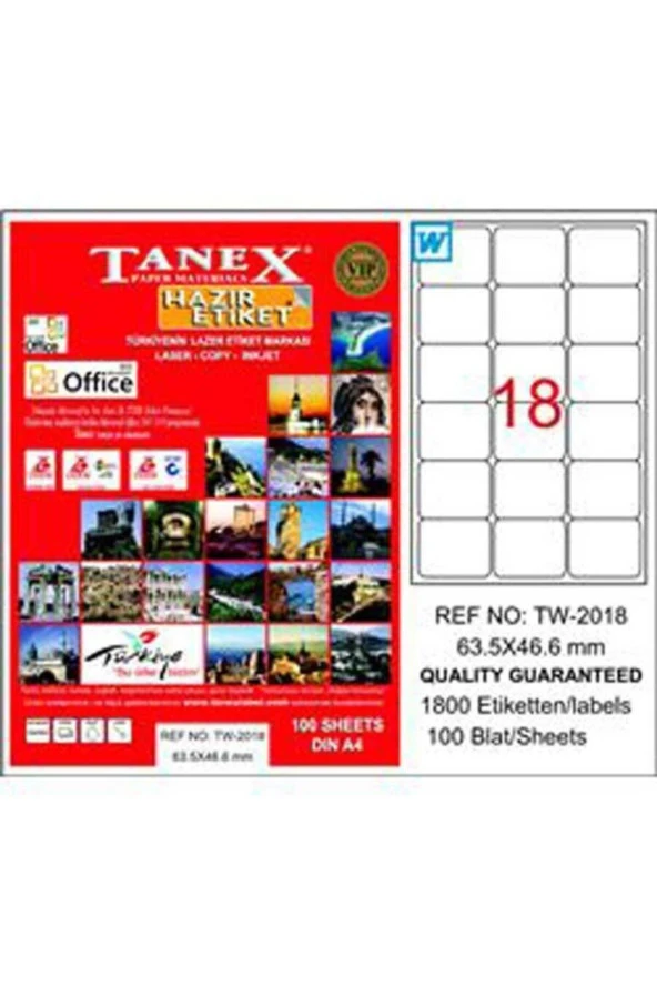 Tanex Lazer Etiket 100 Yaprak 63.5x46.6 Laser-Copy-Inkjet TW-2018 (20 Paket)