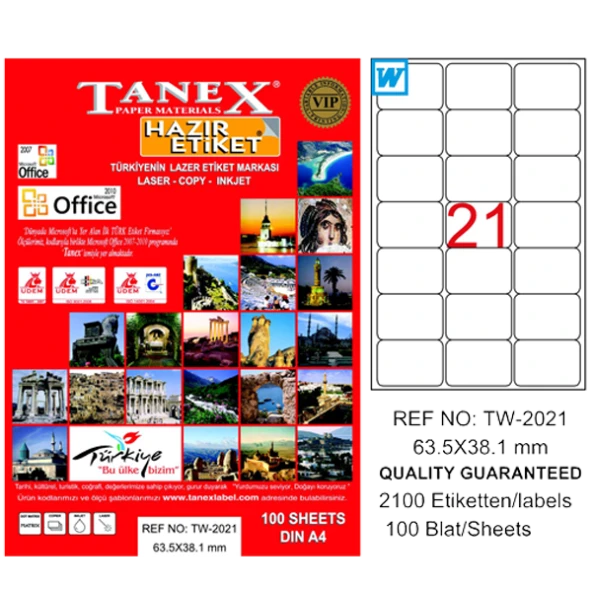 Tanex Lazer Etiket 100 Yaprak 63x38 MM Laser-Copy-Inkjet TW-2021 (20 Li Paket)