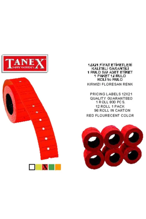 Tanex Fiyat Etiketi Çizgili 12x21 Fosforlu Kırmızı (6 Lı Paket)