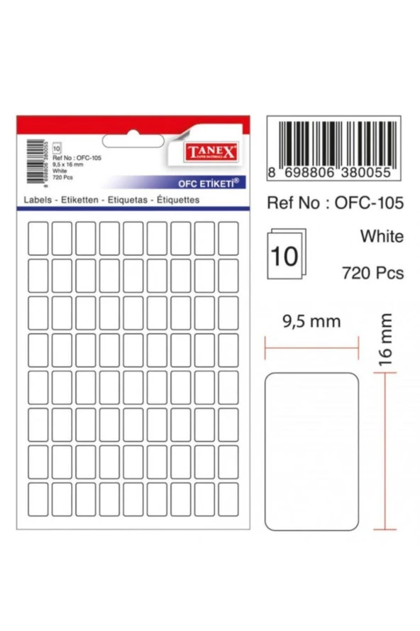 Tanex Ofis Etiketi Poşetli 9.5x16 MM Beyaz OFC-105 (10 Lu Paket)