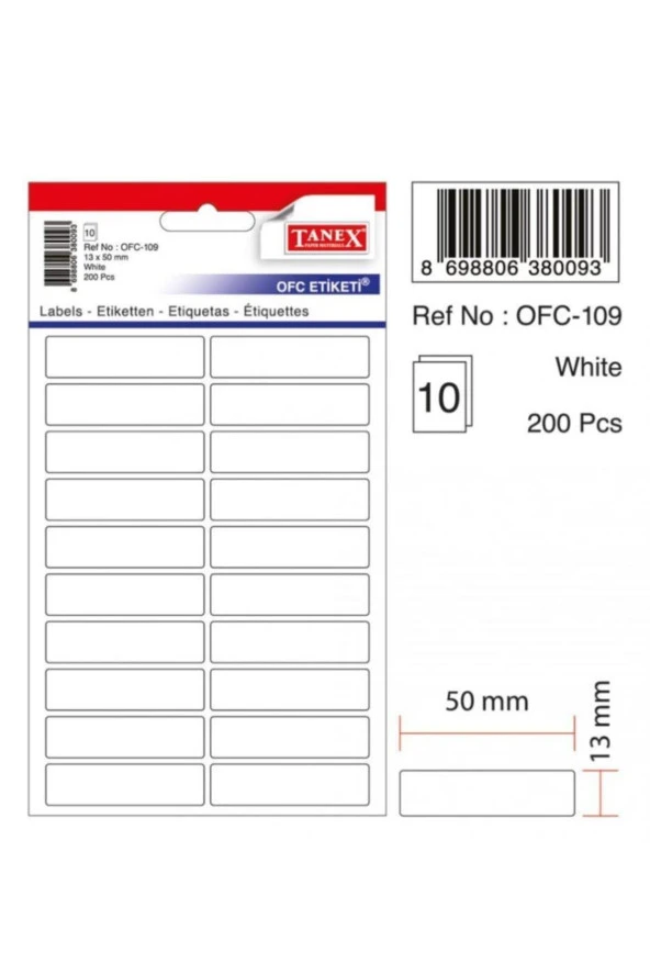 Tanex Ofis Etiketi Poşetli 13x50 MM Beyaz OFC-109 (10 Lu Paket)