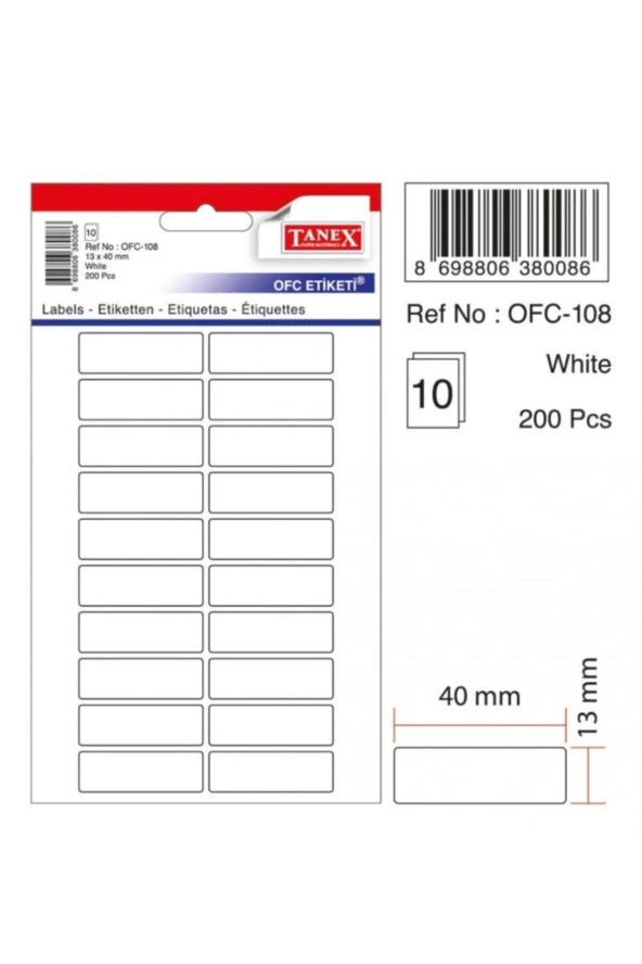 Tanex Ofis Etiketi Poşetli 13x40 MM Beyaz OFC-108