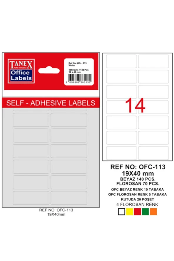 Tanex Ofis Etiketi Poşetli 19x40 MM Beyaz OFC-113 (10 Lu Paket)