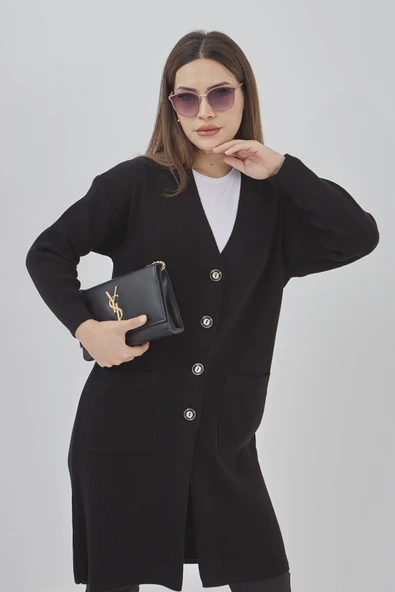 Kadın Uzun Triko Mevsimlik Cepli Düğmeli Likralı Hırka 57997519 - Resim 3