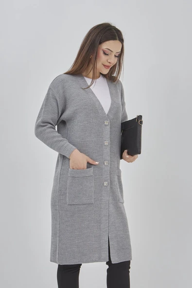 Kadın Uzun Triko Mevsimlik Cepli Düğmeli Likralı Hırka 57997519