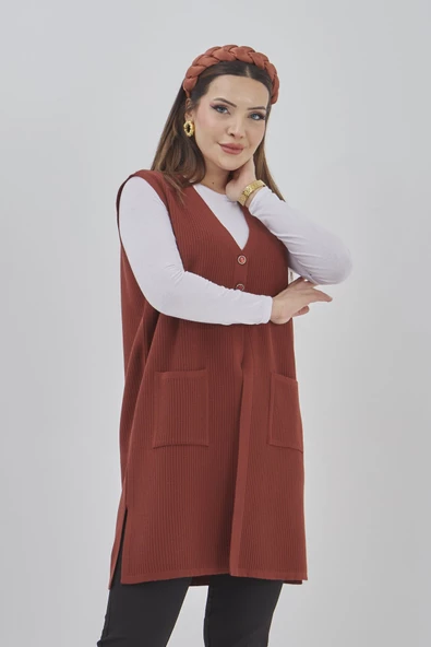 Kadın Uzun Mevsimlik Triko Likralı Esnek Cepli Düğmeli Yelek - 5