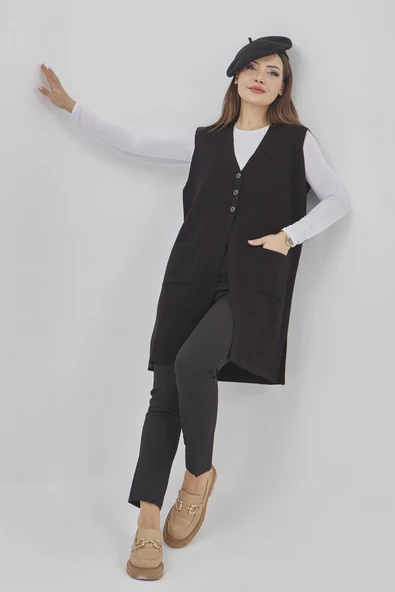 Kadın Uzun Mevsimlik Triko Likralı Esnek Cepli Düğmeli Yelek - Resim 8