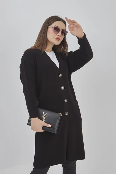 Kadın Uzun Triko Mevsimlik Cepli Düğmeli Likralı Hırka 57997519 - 4