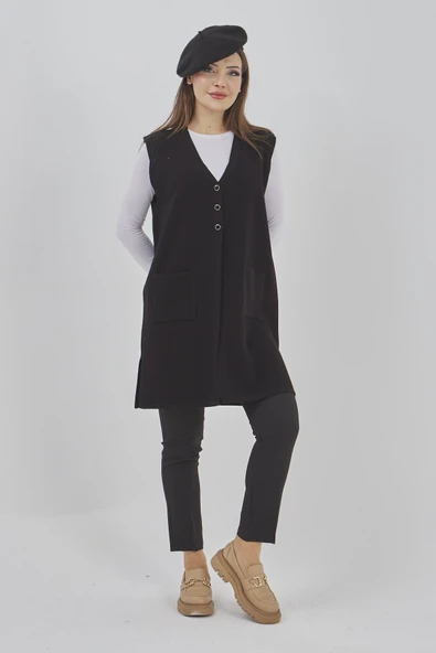 Kadın Uzun Mevsimlik Triko Likralı Esnek Cepli Düğmeli Yelek - Resim 11