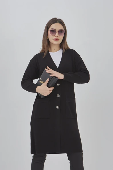 Kadın Uzun Triko Mevsimlik Cepli Düğmeli Likralı Hırka 57997519 - 2