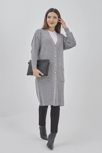 Kadın Uzun Triko Mevsimlik Cepli Düğmeli Likralı Hırka 57997519 - 6