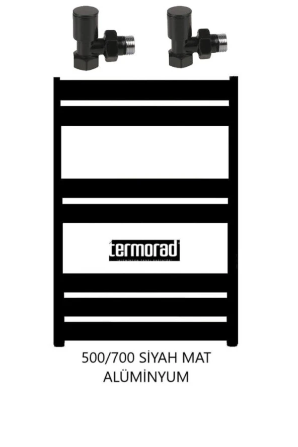 Mat Siyah Alüminyum Havlupan 50*70 Cm Termorad Petsa Slim +2 Adet Radyatör Havlupan Vanası Siyah Mat 1/2