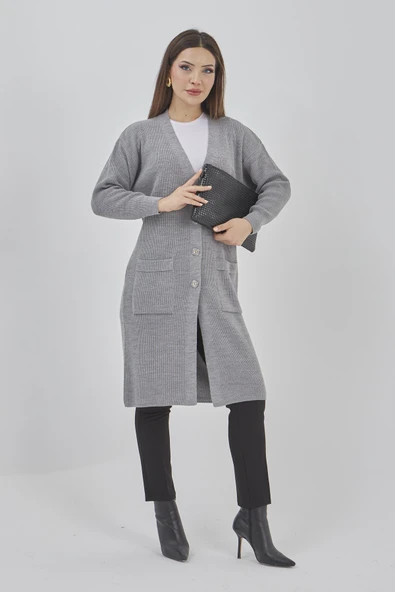 Kadın Uzun Triko Mevsimlik Cepli Düğmeli Likralı Hırka 57997519 - Resim 5