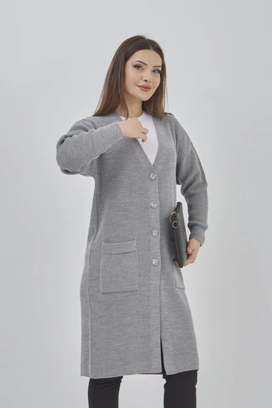 Kadın Uzun Triko Mevsimlik Cepli Düğmeli Likralı Hırka 57997519 - 11