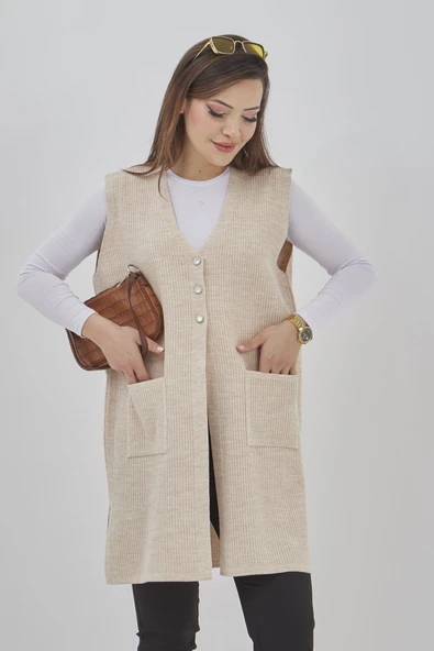 Kadın Uzun Mevsimlik Triko Likralı Esnek Cepli Düğmeli Yelek - Resim 9