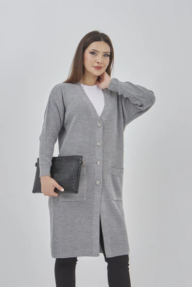 Kadın Uzun Triko Mevsimlik Cepli Düğmeli Likralı Hırka 57997519 - 8