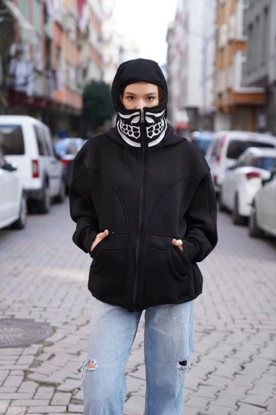 Samuray Kapşonlu ZIP Fermuarlı Çift Kapşonlu Nakışlı SweatShirt- Siyah - 3