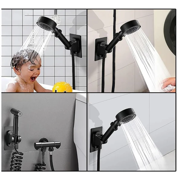 Siyah Kendinden Yapışkanlı 15 Kg Taşıyabilen Nano Duş Başlığı Askısı Mafsal Kolay Temiz Kurulum - Resim 8