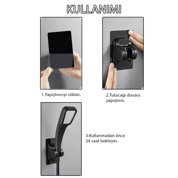 Siyah Kendinden Yapışkanlı 15 Kg Taşıyabilen Nano Duş Başlığı Askısı Mafsal Kolay Temiz Kurulum - Resim 7