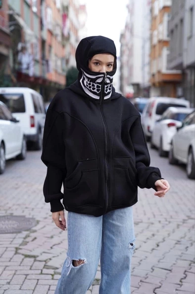 Samuray Kapşonlu ZIP Fermuarlı Çift Kapşonlu Nakışlı SweatShirt- Siyah - 2