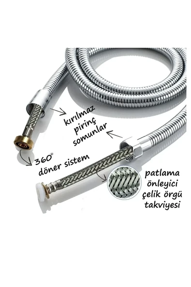 Elit Çelik Örgülü Kopmaz Dolanmaz Banyo Duş Spiral Hortumu 150cm - Resim 3