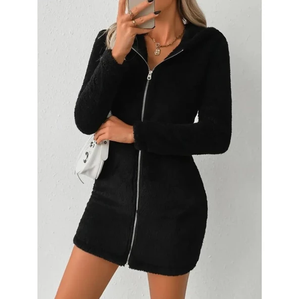 Lucky Life Kadın Uzun Kollu Kapşonlu önden Fermuarlı Cep Detaylı Kısa Peluş Elbise - 9