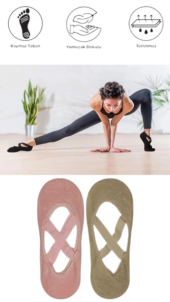 2 Adet Bayan Kaydırmaz Tabanlı Yoga Pilates Fitness Dans ve Spor Çorabı - 12