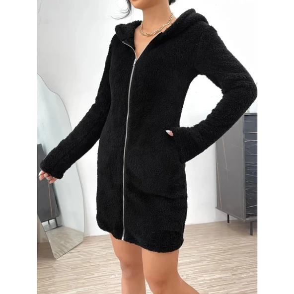 Lucky Life Kadın Uzun Kollu Kapşonlu önden Fermuarlı Cep Detaylı Kısa Peluş Elbise - 4