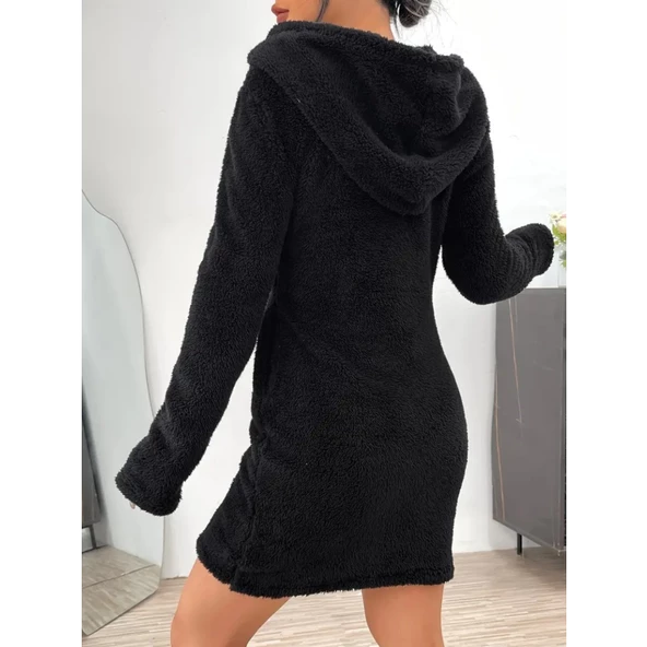 Lucky Life Kadın Uzun Kollu Kapşonlu önden Fermuarlı Cep Detaylı Kısa Peluş Elbise - 3