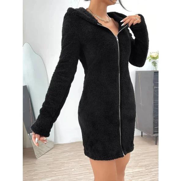 Lucky Life Kadın Uzun Kollu Kapşonlu önden Fermuarlı Cep Detaylı Kısa Peluş Elbise - 2