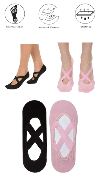 2 Adet Bayan Kaydırmaz Tabanlı Yoga Pilates Fitness Dans ve Spor Çorabı - 8