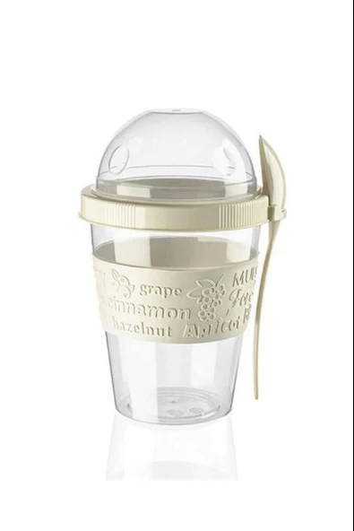 Kapaklı Kaşıklı Meyve Hazneli Yoğurt & Müsli Kabı - Krem ürün görseli