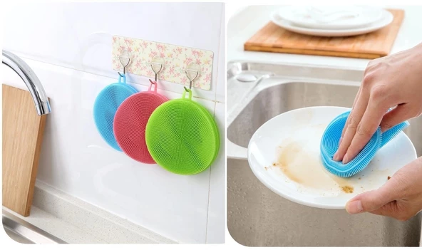 2 li Çok Amaçlı Silikon Bulaşık Fırçası -Nihale- Tutacak - Resim 3