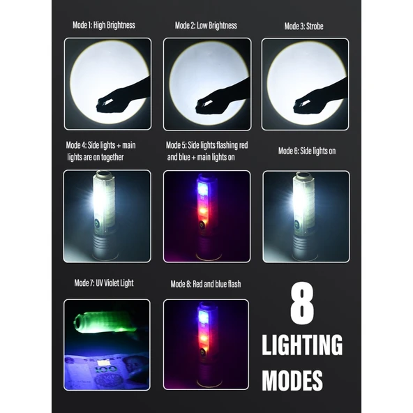 Profesyonel TG LED Güçlü 8 Modlu Type-C 1000 Lümen Polis Çakarlı Şarjlı El Feneri - 3