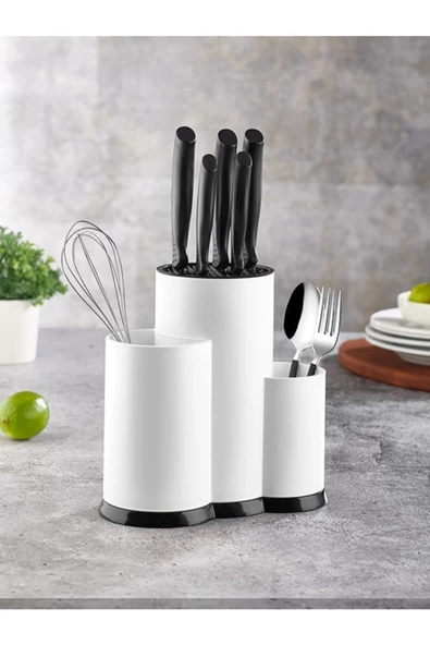 3 Bölmeli Kaşıklık - Şef Bıçaklık Standı Beyaz - 2