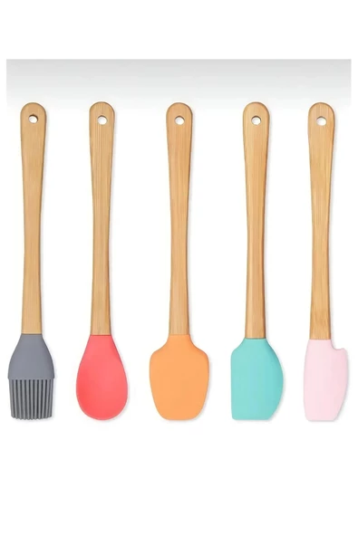 5 Li Renkli Ahşap Saplı Silikon Uçlu Spatula Fırçalı Kaşık Seti -Yemek Hazırlık Seti 21 Cm